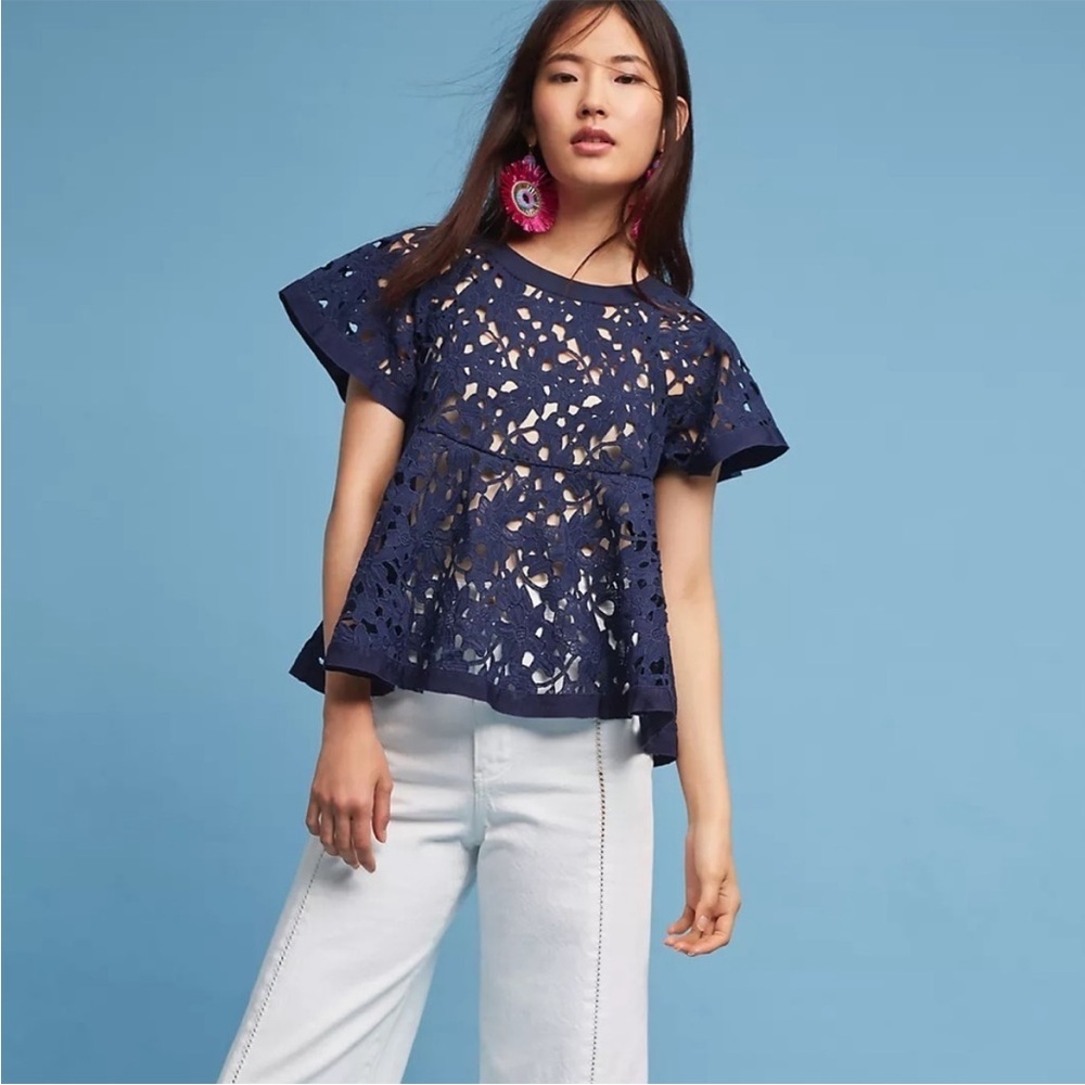 Anthropologie Eri + Ali Navy Lace Top